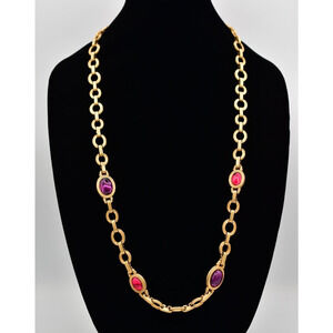 Monet for YSL Vintage Cabochon Necklace Purple Fuchsia Chunky Signed 1980s BinK